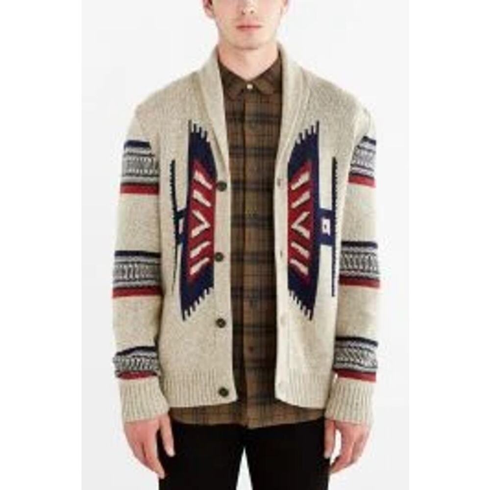 Koto Aztec Patterned Long Sleeve Knit Cardigan Sweater Beige Mens Medium
